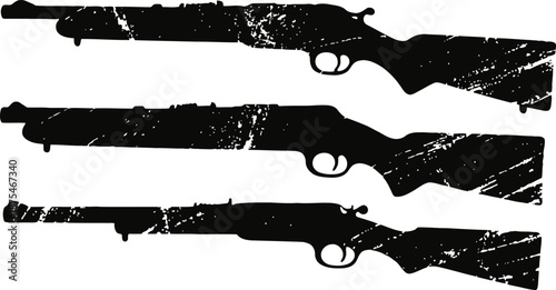 Grunge silhouettes of three hunting rifles with different barrel styles and stocks
