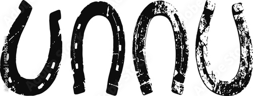 Black distressed horseshoe illustrations in various positions with rough textured design