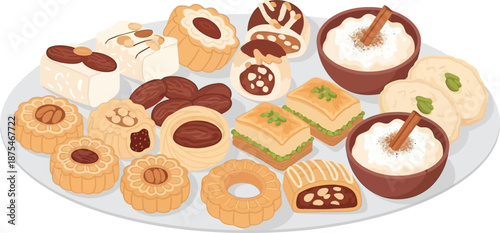 Assorted traditional cookies and desserts displayed on a white serving platter featuring various