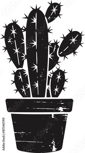 Black silhouette of a prickly cactus plant in a pot with detailed thorns and rustic texture