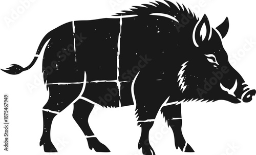 Wild boar butcher cut chart silhouette meat sections diagram with vintage