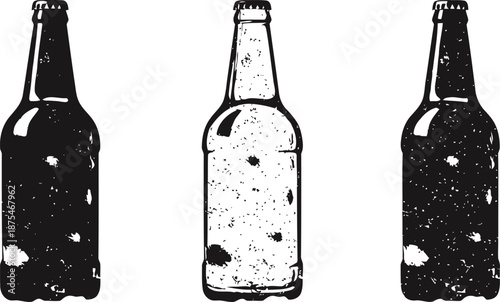 three grunge textured beer bottles silhouette isolated on white background, vintage
