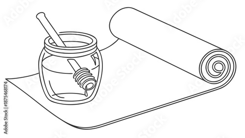 A jar of honey with a dipper sits next to a rolled-up mat, suggesting a simple, healthy meal or snack.
