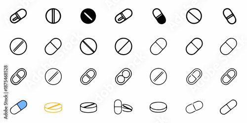 Pills capsules and medication icons in various styles for pharmaceutical healthcare design