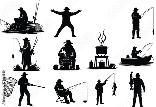 Set of black silhouettes showing fishermen fishing with rods, camping, cooking food, sitting in boat, and holding fish, vector illustration isolated on white background.