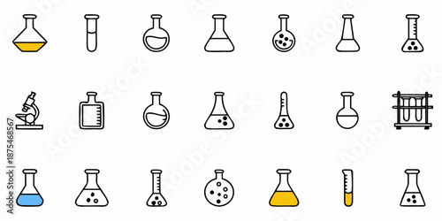 Laboratory glassware and scientific equipment icons for chemistry biology research experiments