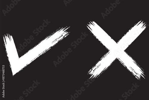 Hand drawn check mark icon set. tick, cross signs for checkbox, checklist, v and x in sketch doodle brush marker checklist symbol. grunge brush style vector illustration