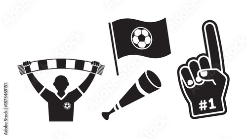 Soccer fan accessories vector icon set featuring a supporter scarf, team flag, vuvuzela horn, and foam finger for football match and stadium cheering designs.