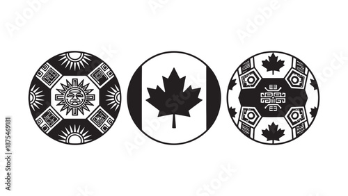 Set of stylized soccer ball vector emblems featuring Canadian maple leaf, Aztec sun stone, and tribal geometric patterns for international football tournaments.