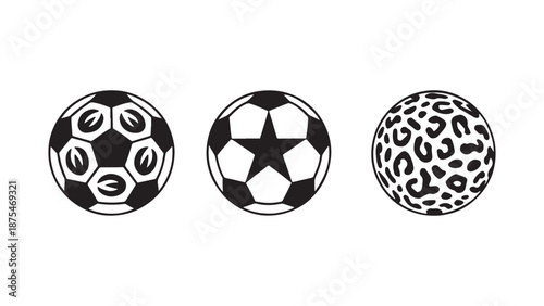 Creative soccer ball vector collection featuring unique designs with leopard skin animal print, star shapes, and abstract geometric patterns for sports art.
