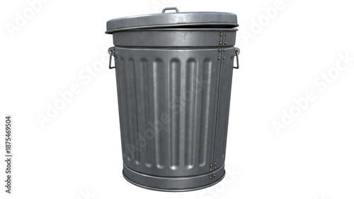 Metal trash can with lid and metal handle lid is shown in.