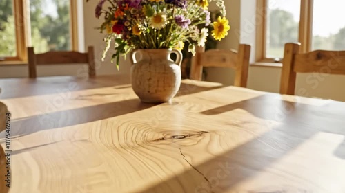 Wooden live edge dining table with wildflower vase in sun dappled room, natural home decor video footage