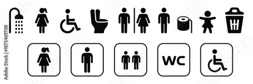 WC icon set, including toilet, restroom, man and woman symbols, bathroom, disabled, dumpster, toilet paper, and infant icons, vector illustration for public facilities.