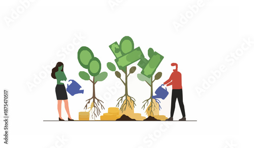 People planting money trees symbolizing financial growth and sustainable investment vector illustration isolated on white background