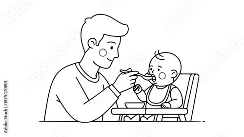 Flat vector illustration of a father feeding a baby in a high chair, family care concept, modern flat style, warm colors, clean vector lines, isolated on white background