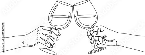 Continuous one line drawing of hands clinking wine glasses for celebration party wedding event and restaurant menu design