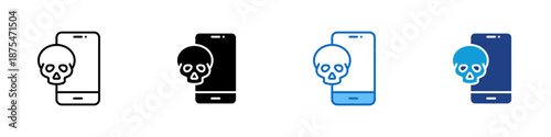 Phone Hijack Multiple Style Icon Design Vector - Smartphone with skull symbol overlay, representing device takeover, malware infection, and mobile threats