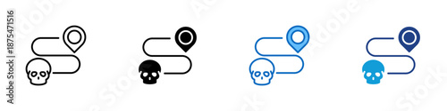Illegal Tracking Multiple Style Icon Design Vector - Location path with skull symbol, representing unauthorized surveillance, privacy invasion, and data misuse