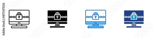 Ransomware Multiple Style Icon Design Vector - Locked computer screen with chain symbol, representing data encryption, extortion, and system lockdown