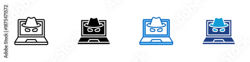 Spyware Multiple Style Icon Design Vector - Hidden figure inside a laptop screen, representing surveillance, data theft, and covert monitoring