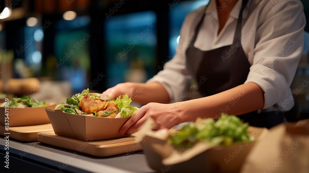custom made wallpaper toronto digitalWaitress preparing take away food to bag at a restaurant counter, carefully placing meal containers into a paper bag, highlighting food service workflow, order fulfillment, hospitality industry,