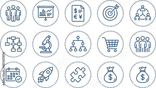 Navy Blue Line Art Vector Icon Set Featuring Business Startup Elements Including Financial Growth Teamwork Strategy Target Market Rocket Launch and Money Bags