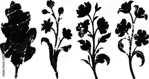 set of black floral silhouettes with textured, distressed isolated on white background