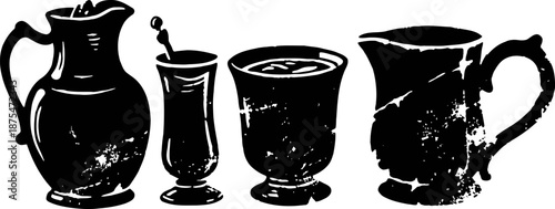 Silhouettes of vintage drinking vessels including pitcher, tumbler, cup, and mug with textured worn effect