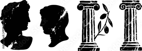 classic ancient greek sculpture silhouettes and ionic columns with olive branch illustration