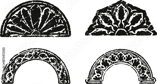 Decorative vintage arch and sunburst ornamental design elements in black and white