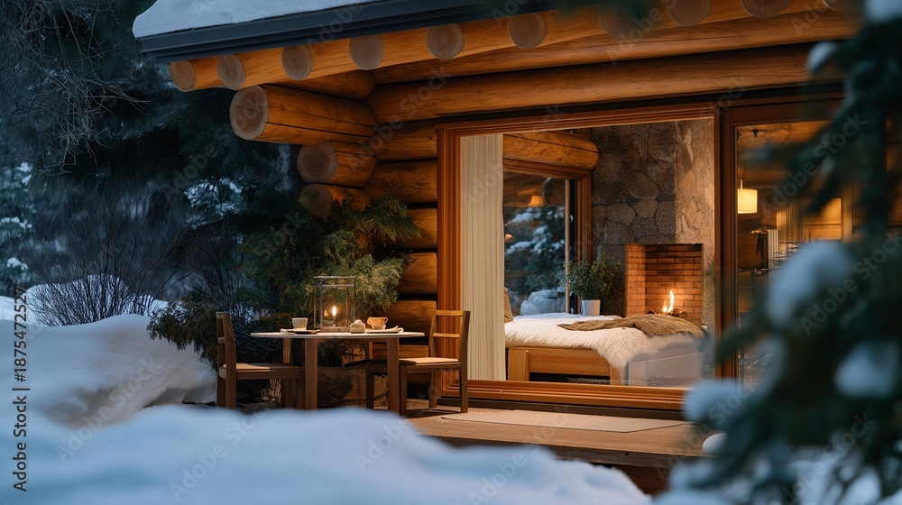 Fototapeta premium Snow-covered cabin exterior paired with a warm fireplace inside, contrasting cold winter nature with interior safety, rest, and tranquility. cinematic color correction, natural uneven lighting yet