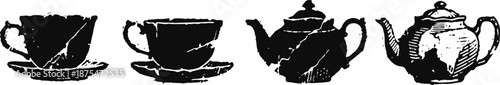Vintage teacups and teapots in black silhouette with classic ornate design elements