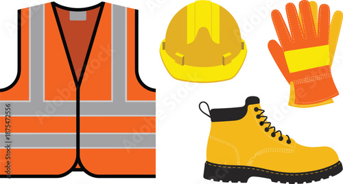 Essential Personal Protective Equipment Set with High Visibility Orange Safety Vest Yellow Hard Hat Protective Gloves and Industrial Steel Toe Boots