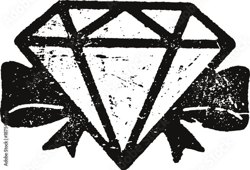 Vintage diamond illustration with ribbon bow, classic jewelry design, decorative gem graphic