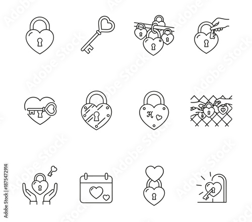 Love locks line art icons set