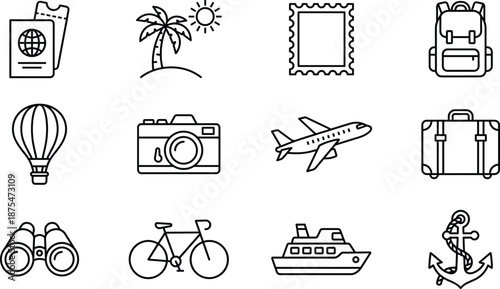 Black and White Vector Line Art Icon Set Featuring Travel and Vacation Elements Including Passport Passport Palm Tree Airplane Suitcase Camera and Cruise Ship