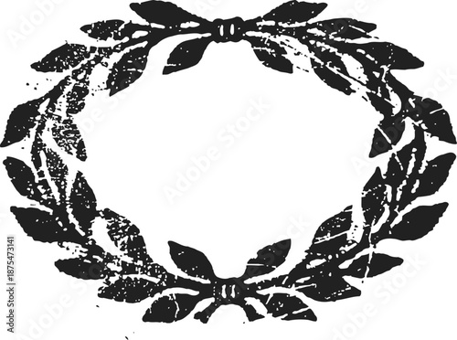 Vintage laurel wreath with bow design, textured black floral frame, classic ornamental decoration