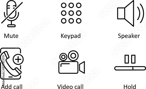 Set of mobile communication icons for mute keypad speaker add call video call and hold for smartphone app interface