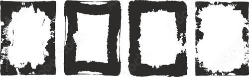 Abstract black ink grunge frames with irregular borders on white background, artistic hand drawn texture