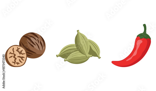 Nutmeg, cardamom, and chili pepper set on white background