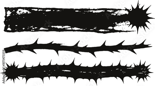 Three black grunge thorn branches vector design with sharp spikes and jagged edges