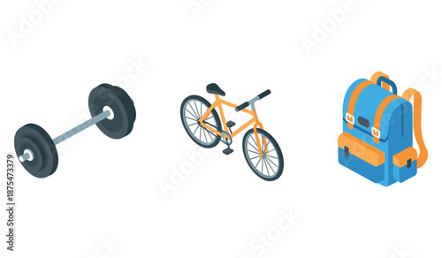 Barbell, bicycle, and backpack – icons of fitness, adventure, and travel