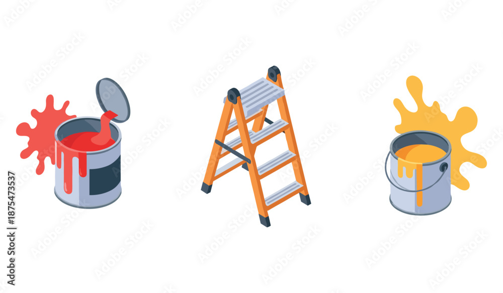 Fototapeta premium Colorful painting tools: red and yellow paint cans with ladder on white background