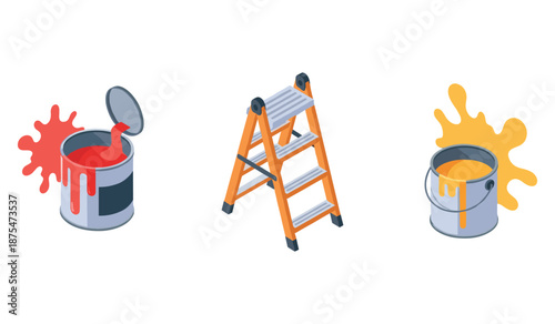 Colorful painting tools: red and yellow paint cans with ladder on white background