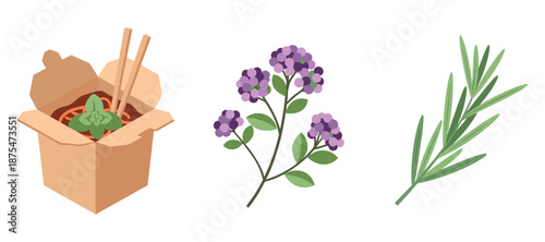 Asian cuisine with takeout noodles, oregano, and rosemary illustration