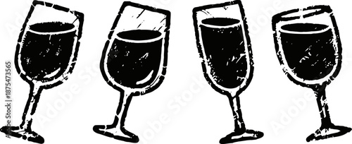 Four black silhouette wine glasses tilted in a row, grunge vintage illustration