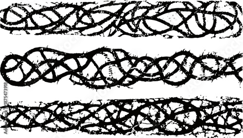 Grunge barbed wire distress texture in three horizontal lines with rough edges and chaotic patterns