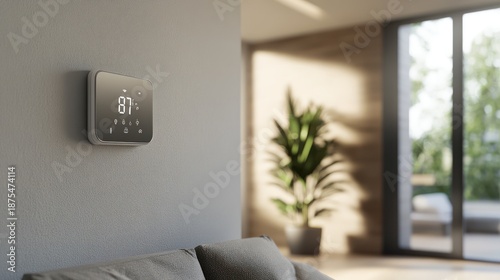 Modern smart thermostat on wall, showing 87?F.