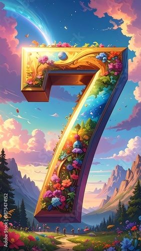 Artistic number seven, vibrant, nature-filled, golden-edged, set against a dreamy landscape with mountains and sky