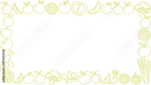 Hand drawn fruit and vegetable rectangular frame illustration with gradient outline healthy organic food border minimal design